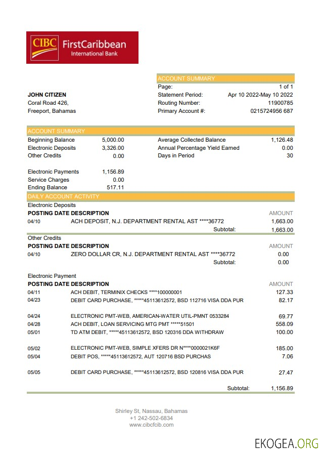 Relevé bancaire de la FirstCaribbean International Bank des Bahamas xls